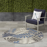 5’ Round Gray and Blue Leaves Indoor Outdoor Area Rug