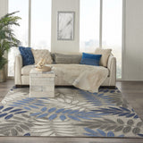 6’ x 9’ Gray and Blue Leaves Indoor Outdoor Area Rug