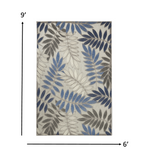 6’ x 9’ Gray and Blue Leaves Indoor Outdoor Area Rug