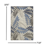 8’ x 11’ Gray and Blue Leaves Indoor Outdoor Area Rug