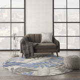 8’ Round Gray and Blue Leaves Indoor Outdoor Area Rug