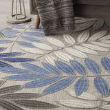 8’ Round Gray and Blue Leaves Indoor Outdoor Area Rug