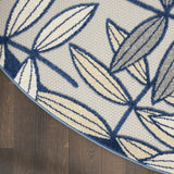 4’ Round Ivory and Navy Leaves Indoor Outdoor Area Rug