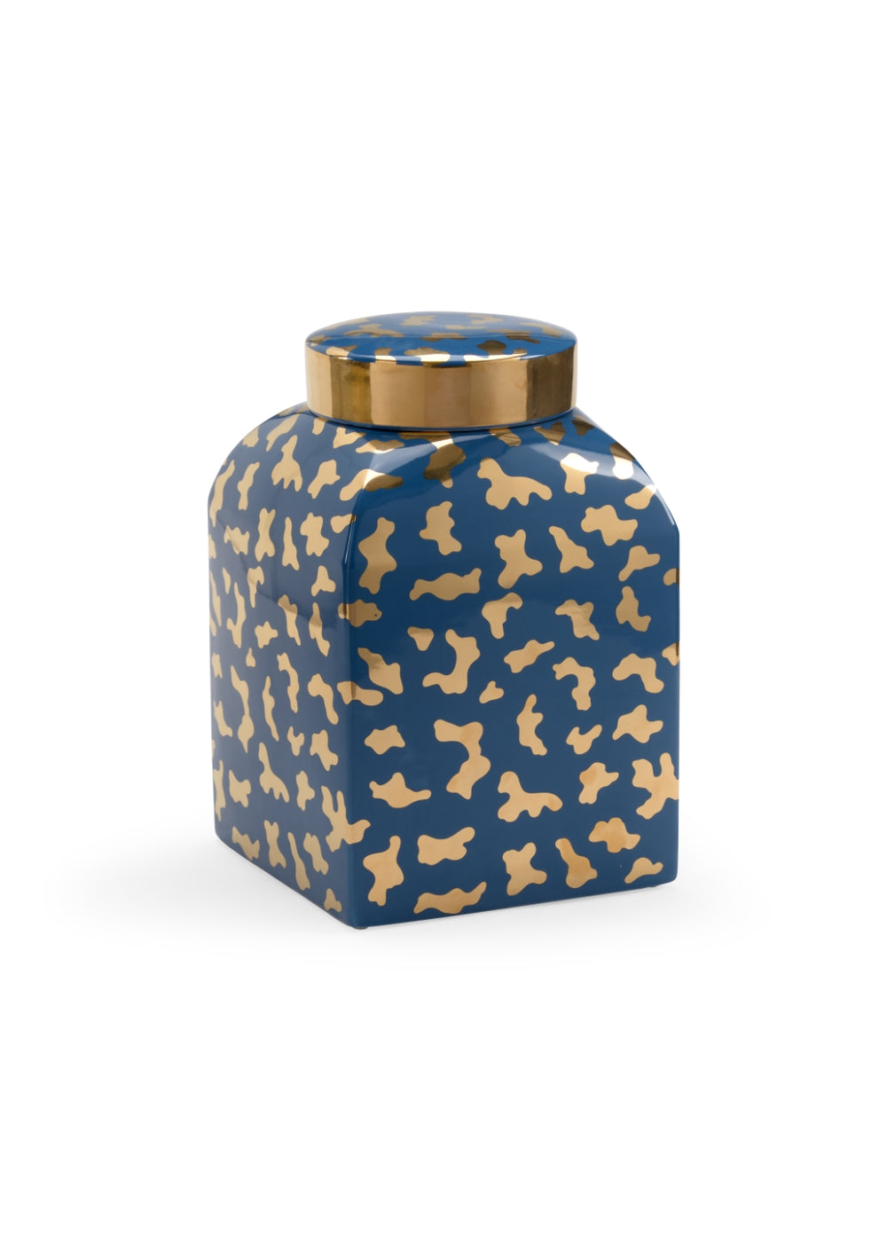 Jungle Ginger Jar - Small Ceramic Vase with Metallic Gold Cheetah Print & Blue Glaze Finish