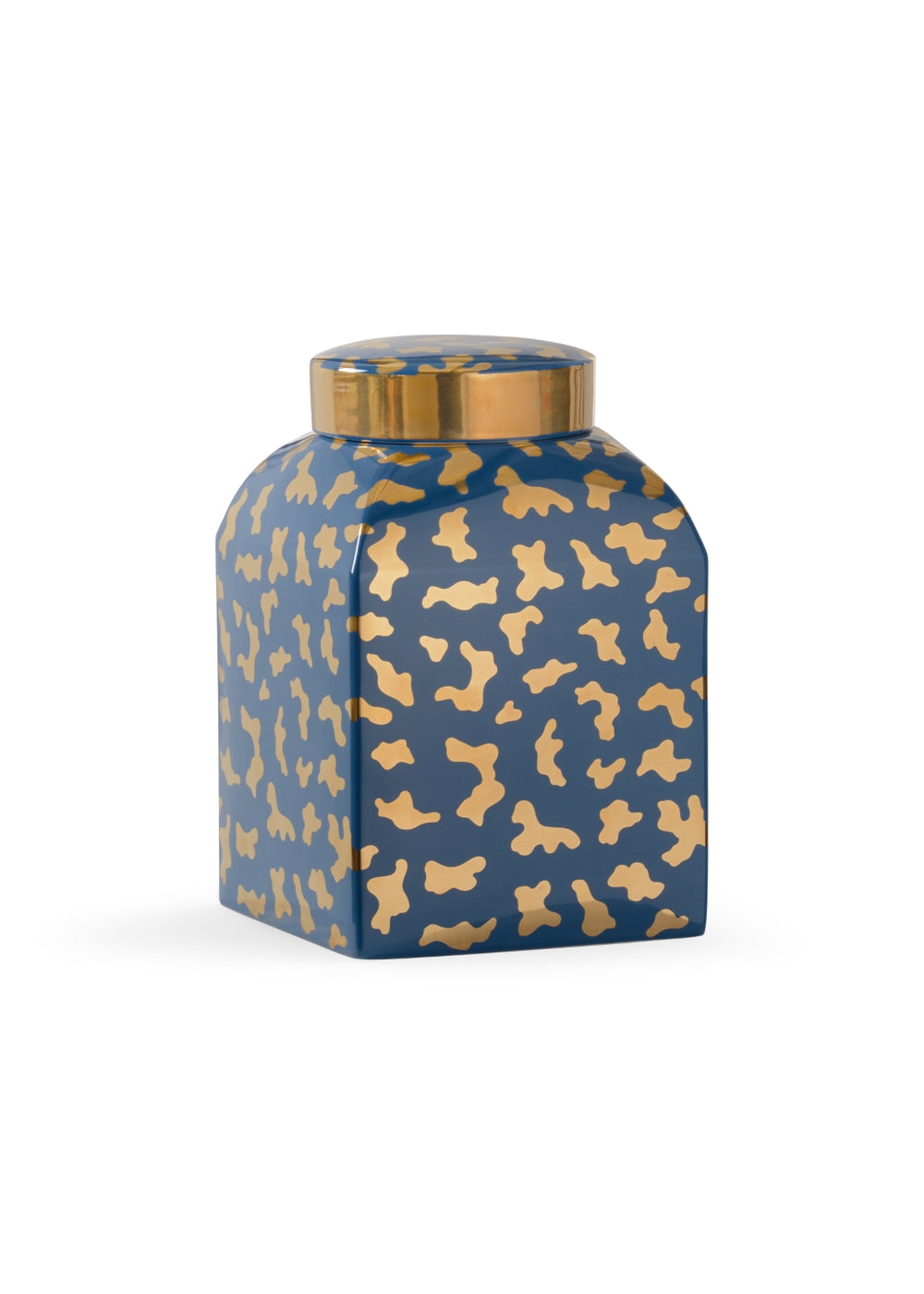 Jungle Ginger Jar - Small Ceramic Vase with Metallic Gold Cheetah Print & Blue Glaze Finish