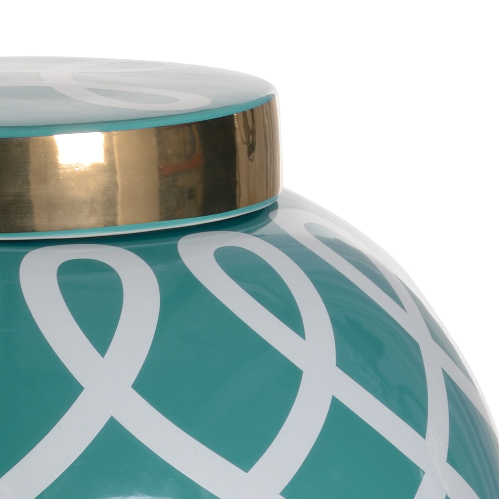 Sarah Ginger Jar - Elegant Teal Green & Metallic Gold Ceramic Decor with Geometric Design