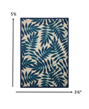 4’ x 6’ Navy and Beige Leaves Indoor Outdoor Area Rug