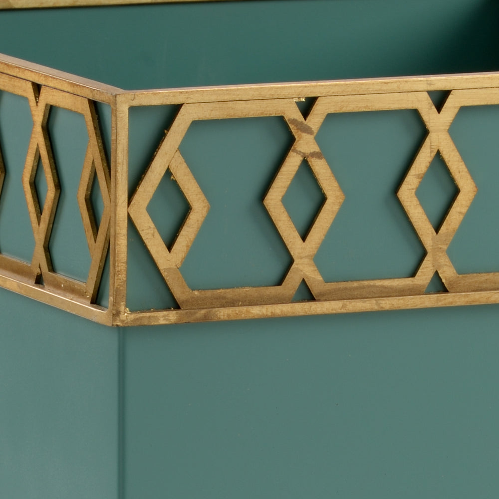 Perkins Planter - Elevate Your Space with Metallic Gold Honeycomb Design in Teal Green Finish