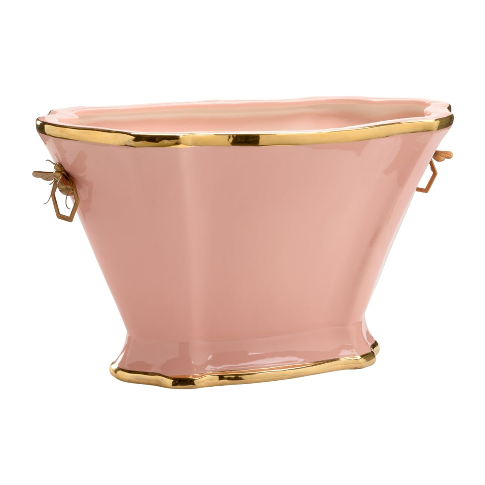 Susan Planter - Elegant Coral Glaze with Metallic Brass Handles - Stylish Fruit Bowl & Decor Accent