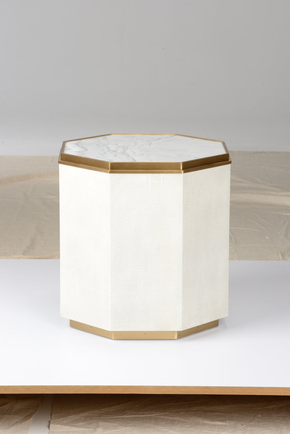 Bunching Cocktail Table - Elegant Octagonal Design in Ivory Grass Cloth with Antique Brass Accents