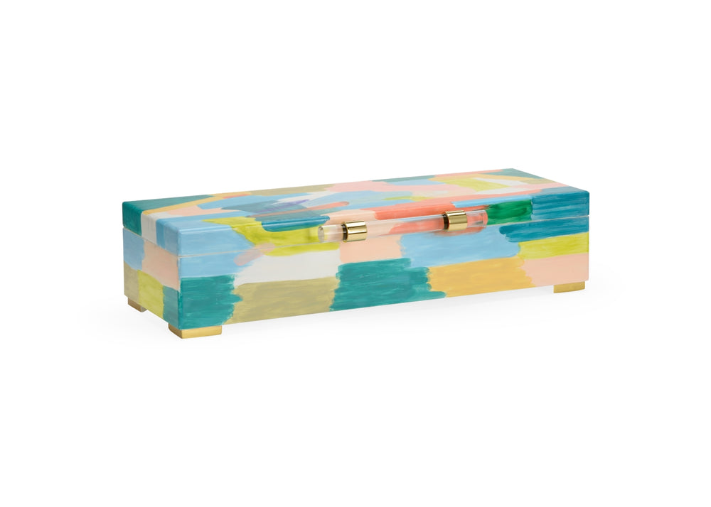 Multicolor Hand Painted Wood Box with Hinged Lid, Brass Accents, and Vibrant Colors for Home Decor