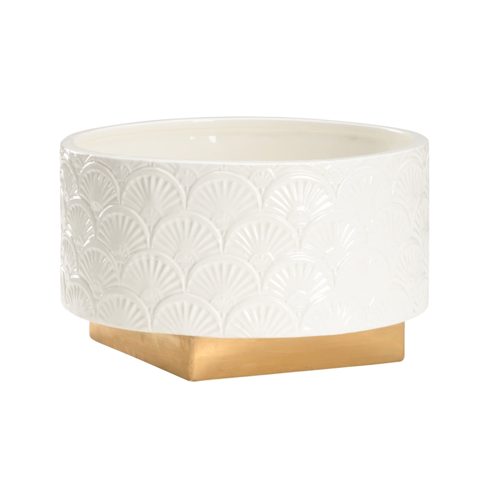 Deco Fan Cachepot - Elegant White Glaze Ceramic Planter with Intricate Gold Accents for Home Decor