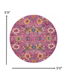 5’ Round Fuchsia and Orange Distressed Area Rug