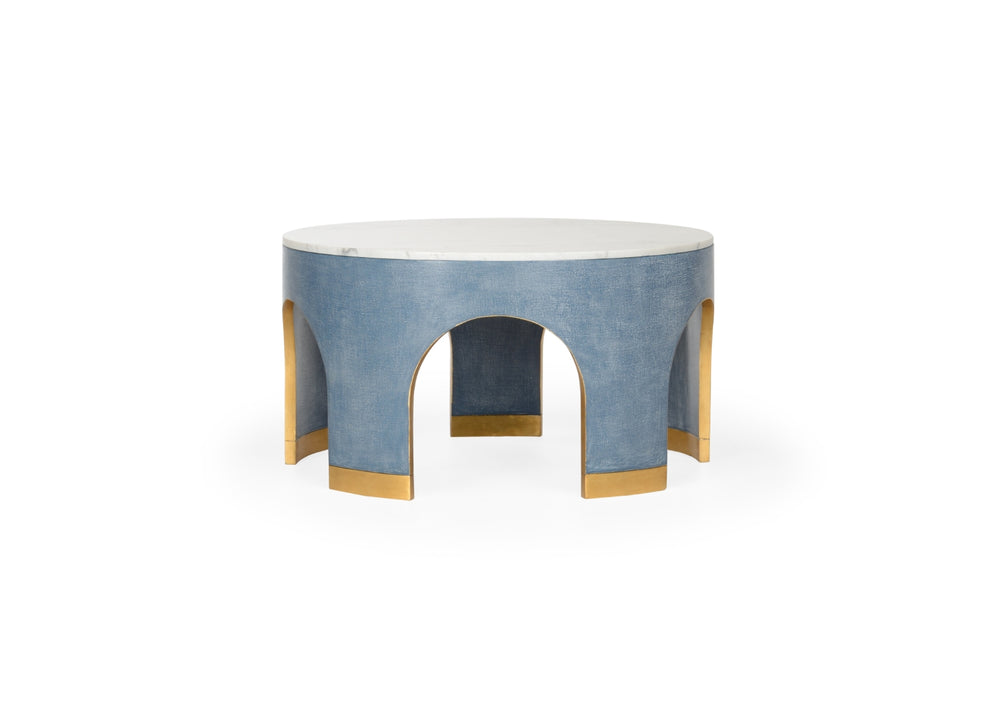 Aqueduct Cocktail Table - Stunning Blue Grasscloth with Marble Top & Antique Gold Accents, 35.8"