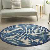 5’ Round Navy and Beige Leaves Indoor Outdoor Area Rug