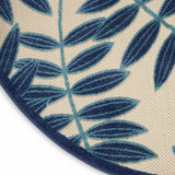 5’ Round Navy and Beige Leaves Indoor Outdoor Area Rug