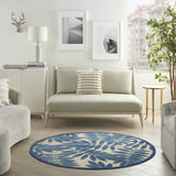 5’ Round Navy and Beige Leaves Indoor Outdoor Area Rug