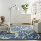 6’ x 9’ Navy and Beige Leaves Indoor Outdoor Area Rug