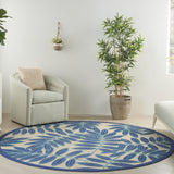 8’ Round Navy and Beige Leaves Indoor Outdoor Area Rug