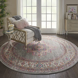 8’ Round Gray and Gold Medallion Area Rug