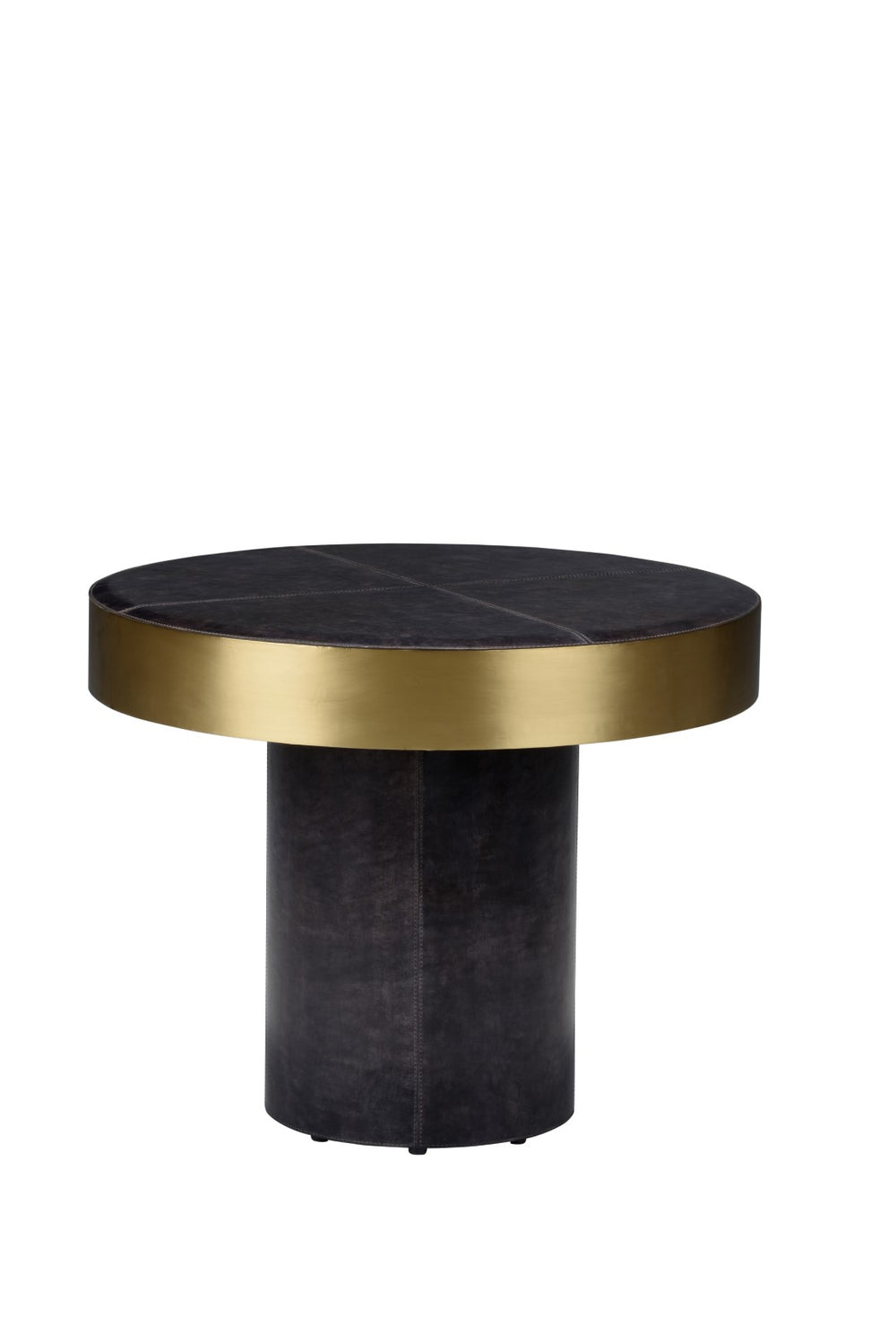 Penthouse Round Leather Coffee Table with Antique Brass Band - Stunning Steel Gray Design