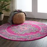 8’ Round Fuchsia and Blue Distressed Area Rug