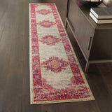 2’ x 8' Ivory and Fuchsia Distressed Runner Rug