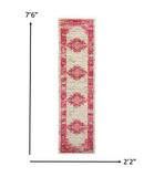 2’ x 8' Ivory and Fuchsia Distressed Runner Rug