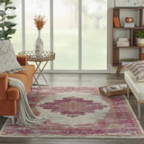 4’ x 6' Ivory and Fuchsia Distressed Area Rug