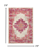 4’ x 6' Ivory and Fuchsia Distressed Area Rug