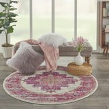 4’ Round Ivory and Fuchsia Distressed Area Rug