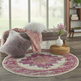 4’ Round Ivory and Fuchsia Distressed Area Rug