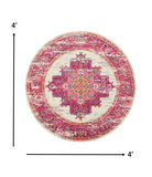 4’ Round Ivory and Fuchsia Distressed Area Rug