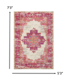 5’ x 7' Ivory and Fuchsia Distressed Area Rug