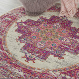 5’ Round Ivory and Fuchsia Distressed Area Rug