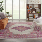 7’ x 10' Ivory and Fuchsia Distressed Area Rug