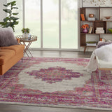 7’ x 10' Ivory and Fuchsia Distressed Area Rug