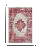 8’ x 10' Ivory and Fuchsia Distressed Area Rug