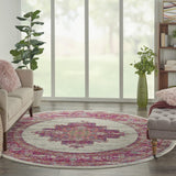 8’ Round Ivory and Fuchsia Distressed Area Rug