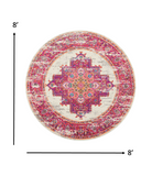 8’ Round Ivory and Fuchsia Distressed Area Rug