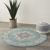 4’ Round Light Blue Distressed Medallion Area Rug