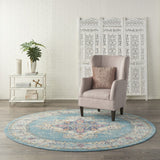 8’ Round Light Blue Distressed Medallion Area Rug