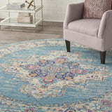 8’ Round Light Blue Distressed Medallion Area Rug