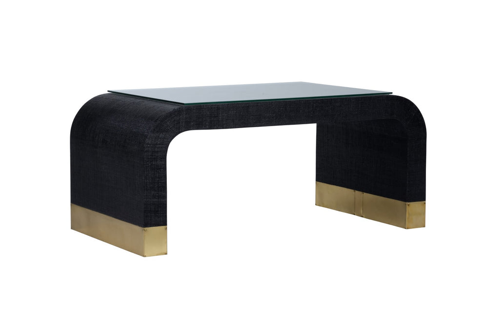 Waterfall Coffee Table - Elegant Raffia Design with Antique Brass Feet & Removable Glass Top