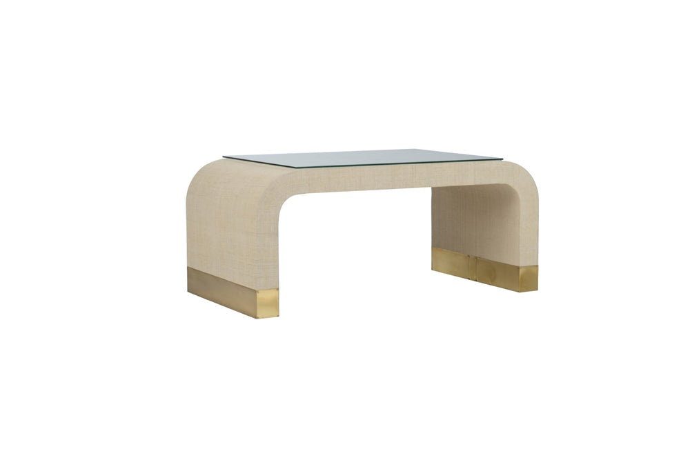 Waterfall Coffee Table - Elegant Raffia Design with Antique Brass Feet and Removable Glass Top