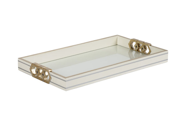 Copas Serving Tray - Elegant White Wood & Glass with Metallic Silver Honeycomb Design for Entertaining