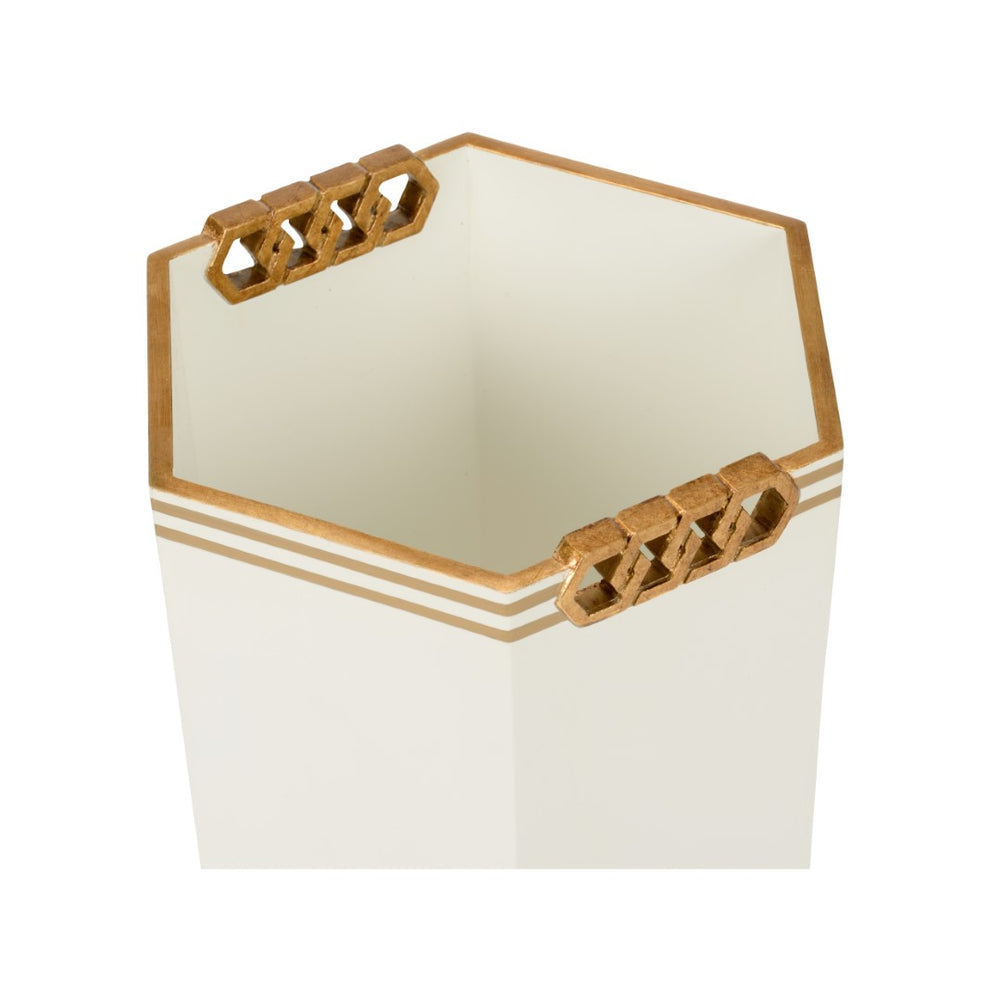 Oliver Wastebasket - Elegant White Wood Design with Antique Gold Accents for Stylish Home Décor