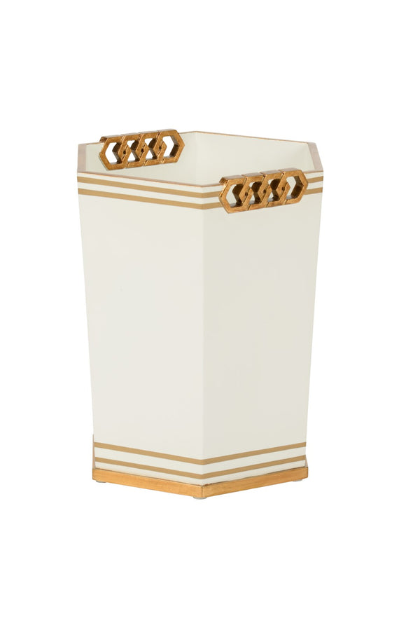 Oliver Wastebasket - Elegant White Wood Design with Antique Gold Accents for Stylish Home Décor