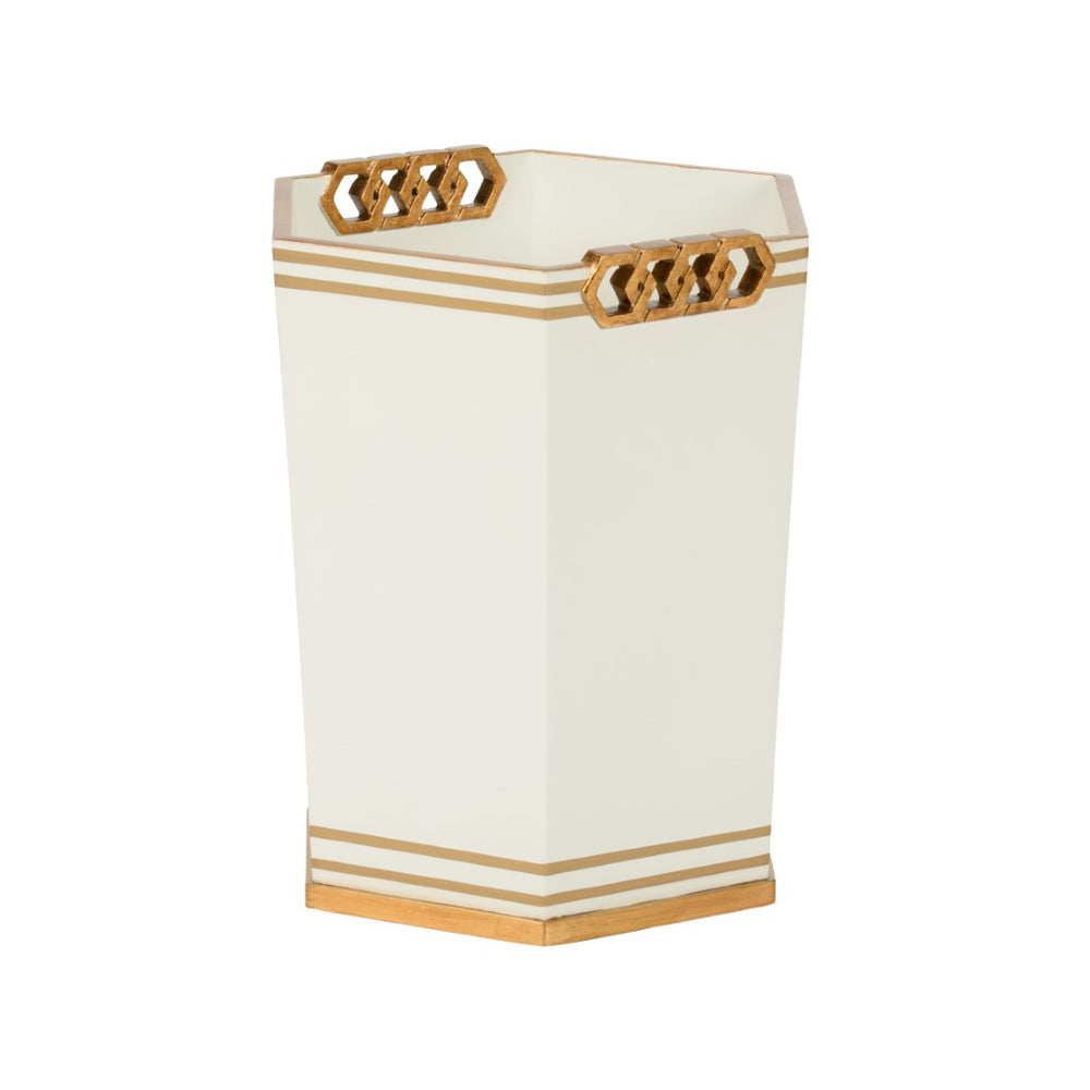 Oliver Wastebasket - Elegant White Wood Design with Antique Gold Accents for Stylish Home Décor