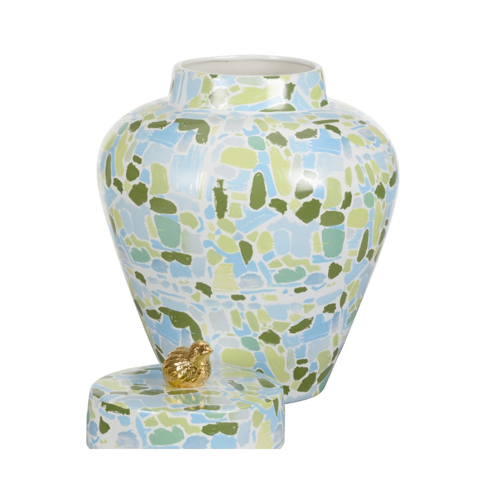 Lumberton Jar With Lid - Stunning Ceramic Decor in Blues & Greens Featuring a Gold Quail Top